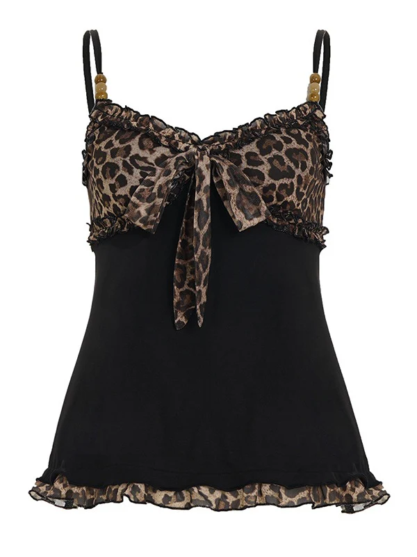 Black Leopard Print Color-blocked Mesh A-line Camisole - Image 6