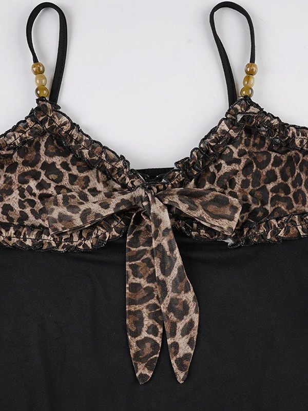 Black Leopard Print Color-blocked Mesh A-line Camisole - Image 9