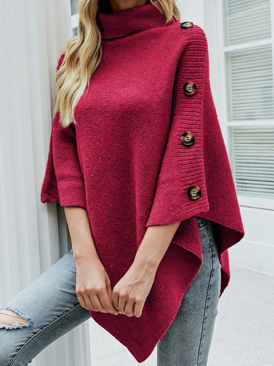 Solid Color Turtleneck Shawl Cloak Sweaters - Image 10