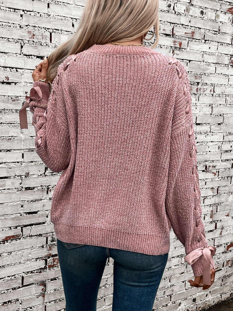 Lace Up Bow Long Sleeve Knitting Pullover Sweater - Image 2
