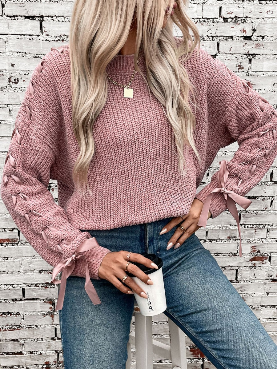 Lace Up Bow Long Sleeve Knitting Pullover Sweater - Image 4