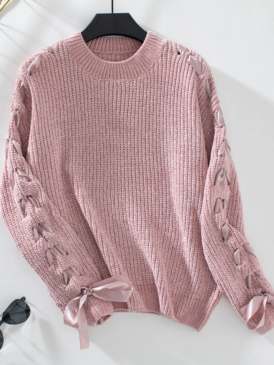Lace Up Bow Long Sleeve Knitting Pullover Sweater - Image 6