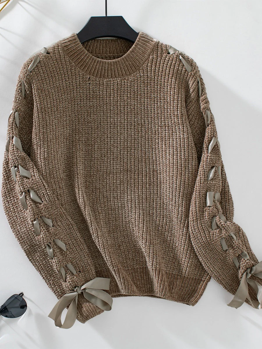 Lace Up Bow Long Sleeve Knitting Pullover Sweater - Image 7
