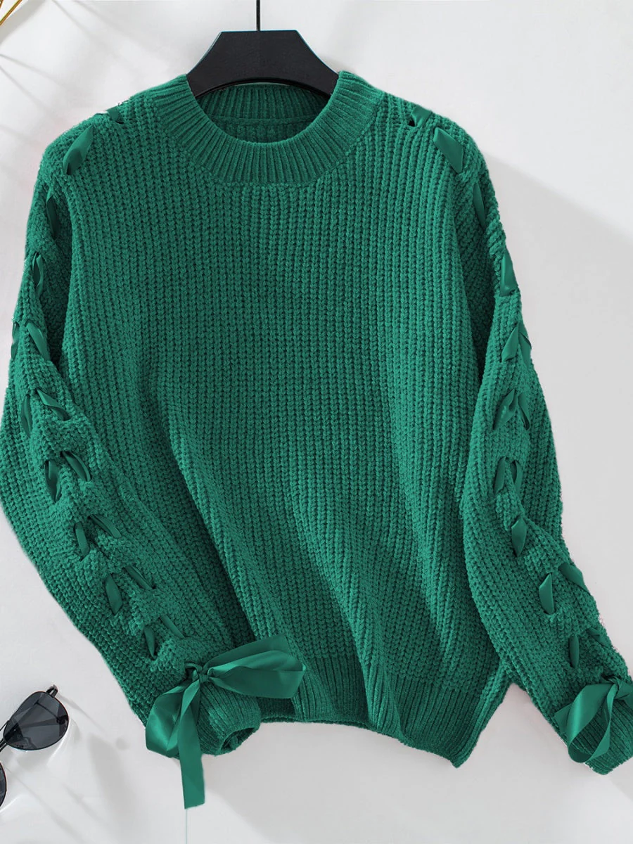 Lace Up Bow Long Sleeve Knitting Pullover Sweater - Image 8