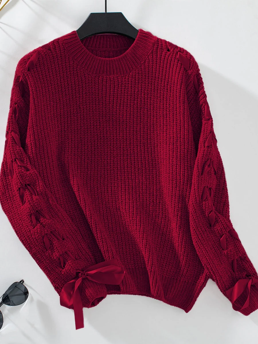 Lace Up Bow Long Sleeve Knitting Pullover Sweater - Image 9