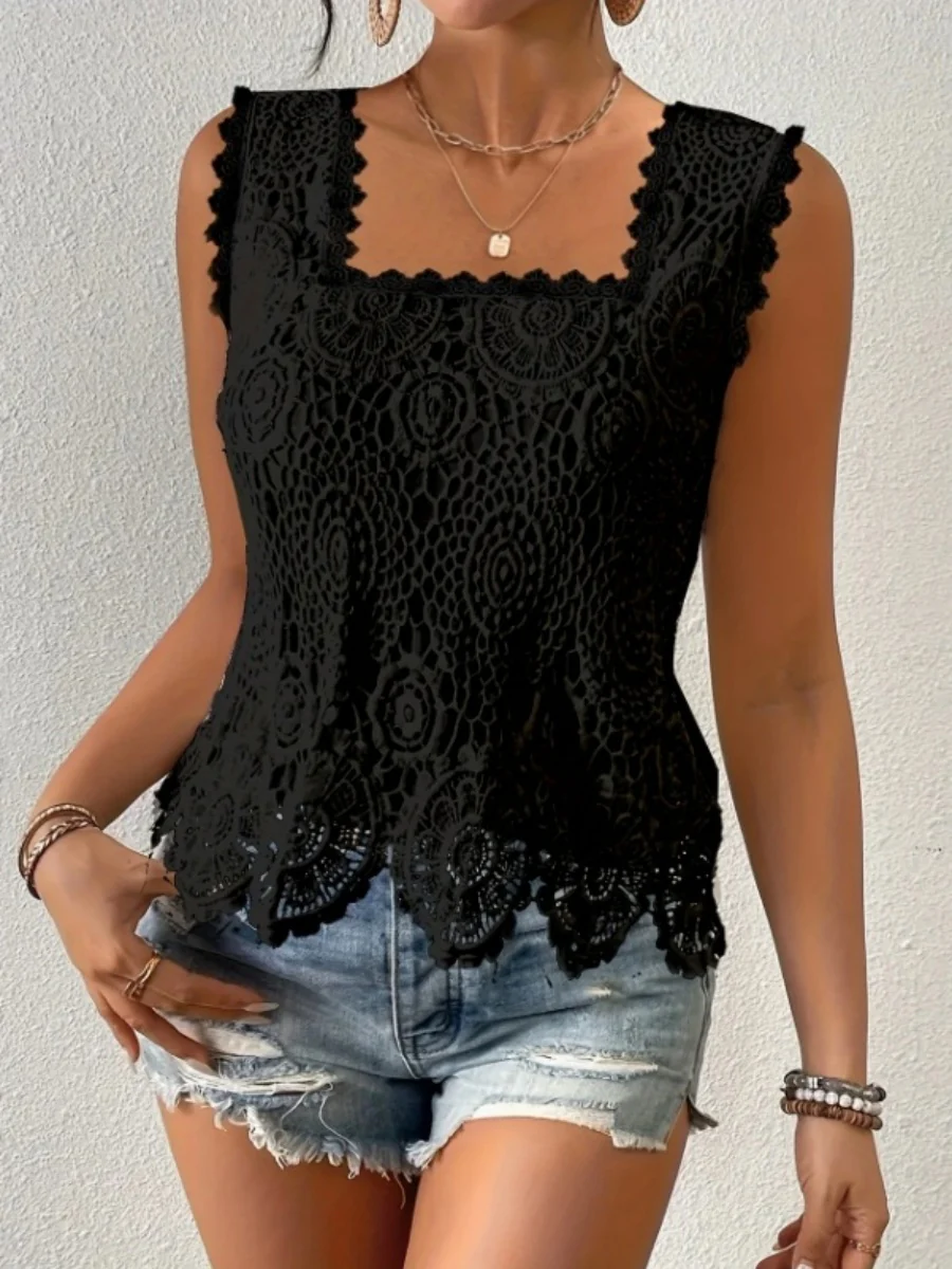 Square Neck Heavy-duty Crochet Openwork Flower Vest - Image 13