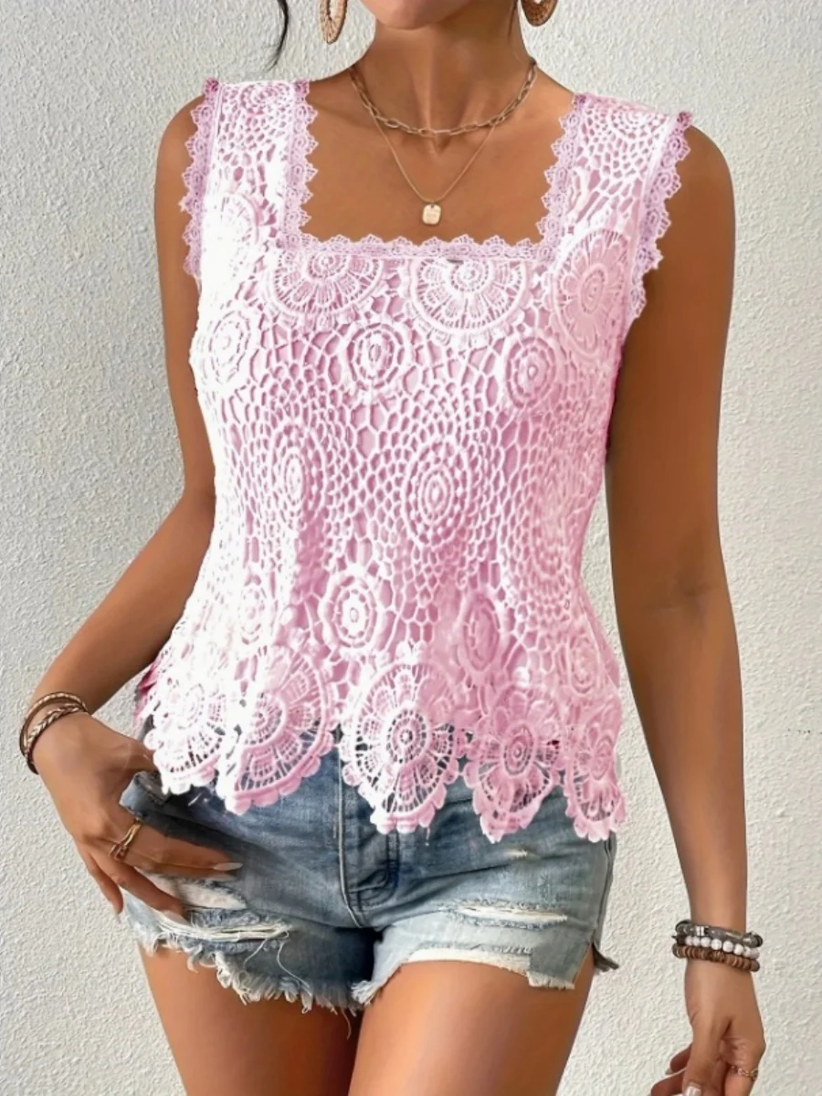 Square Neck Heavy-duty Crochet Openwork Flower Vest - Image 3