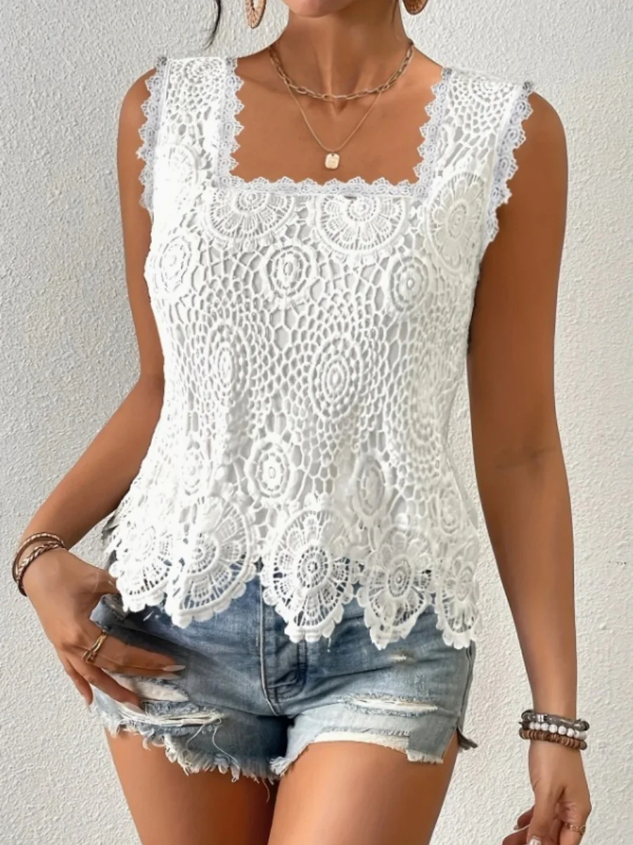 Square Neck Heavy-duty Crochet Openwork Flower Vest - Image 4