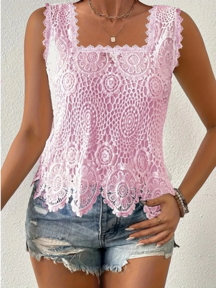 Square Neck Heavy-duty Crochet Openwork Flower Vest - Image 5