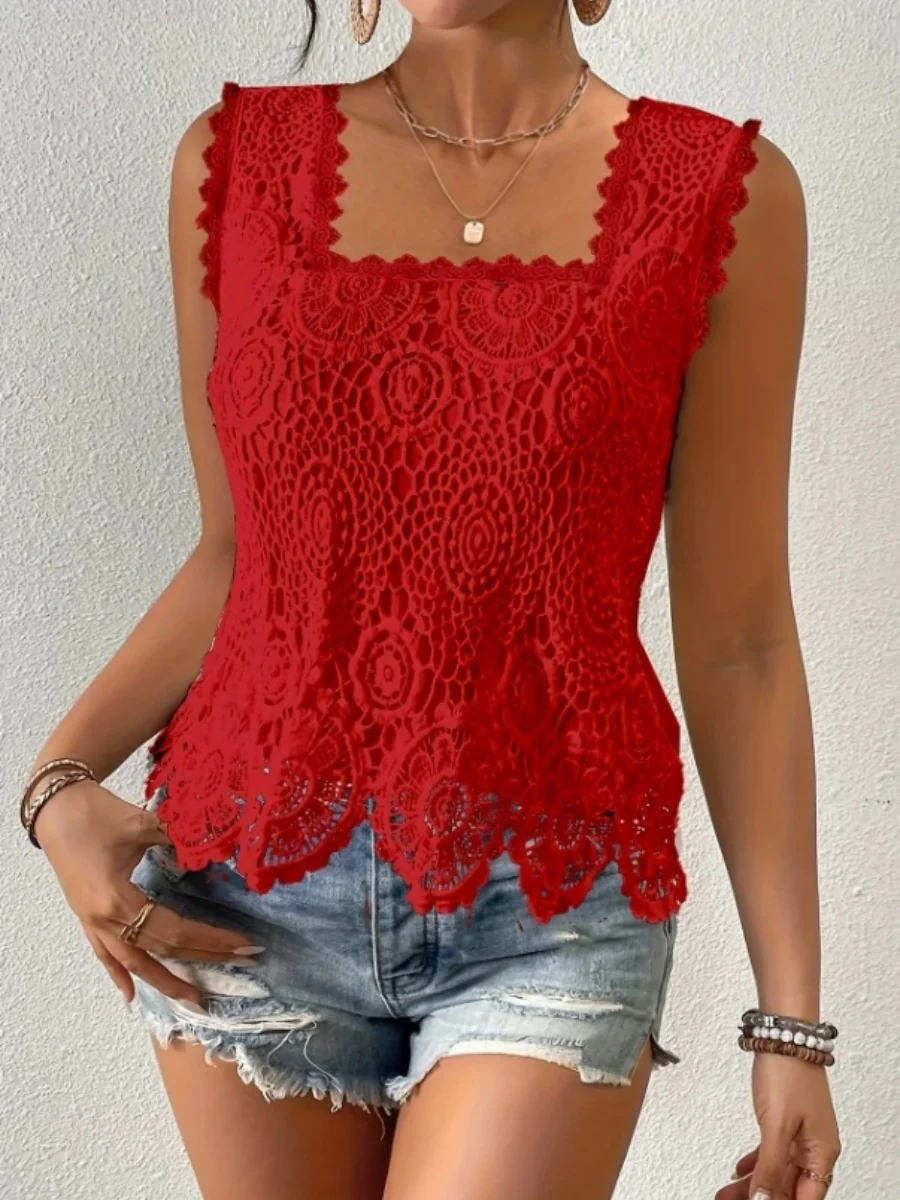 Square Neck Heavy-duty Crochet Openwork Flower Vest - Image 9