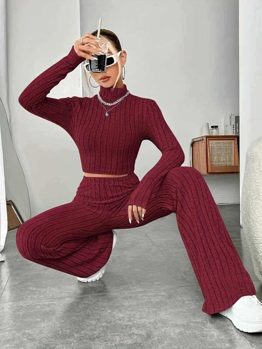 Mock Neck Slim Fit Knitted Two-Piece Set - Image 12
