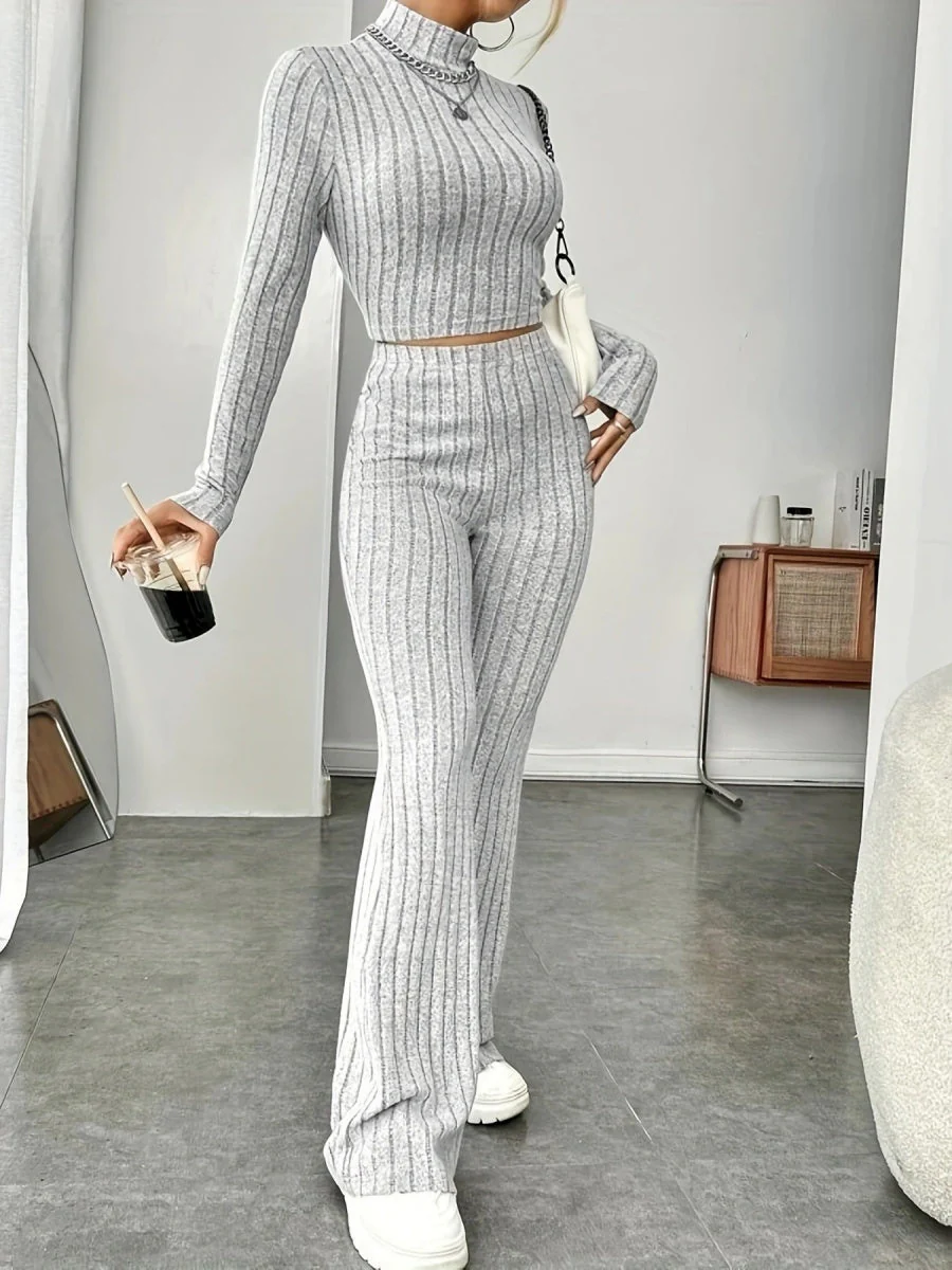 Mock Neck Slim Fit Knitted Two-Piece Set - Image 2