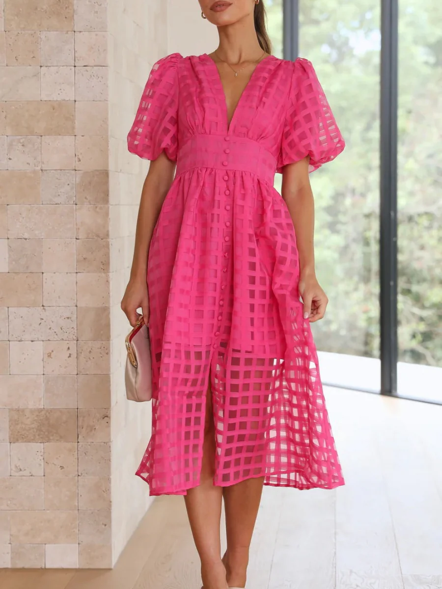 Checkered Sheer Fabric Puff Sleeve Long Dress
