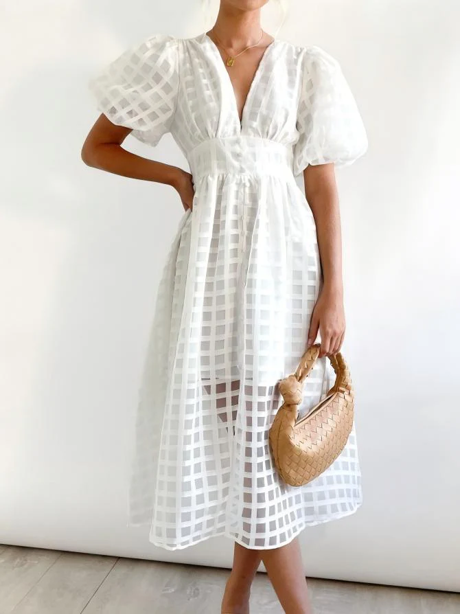 Checkered Sheer Fabric Puff Sleeve Long Dress - Image 2