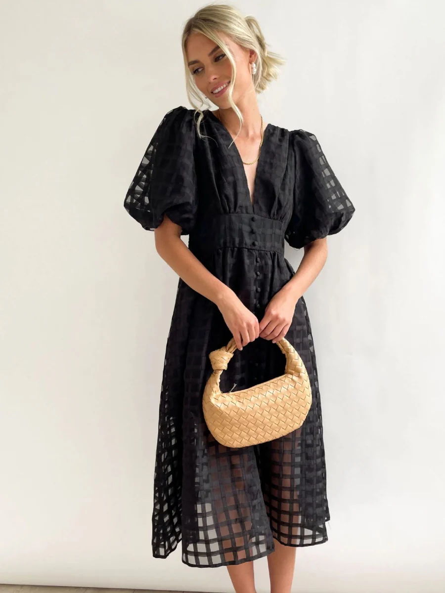 Checkered Sheer Fabric Puff Sleeve Long Dress - Image 3