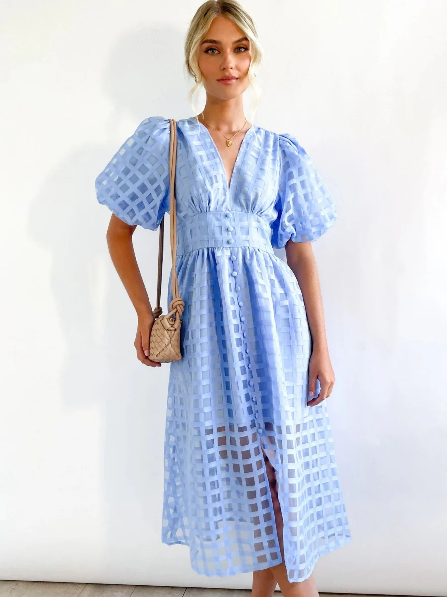Checkered Sheer Fabric Puff Sleeve Long Dress - Image 4