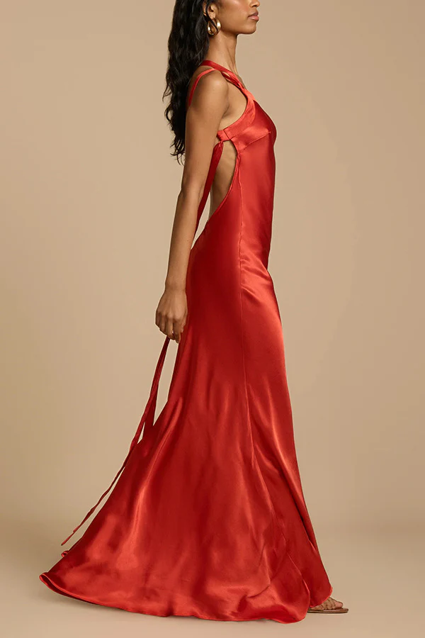 Zippered Single Shoulder Satin Maxi Dresses - Image 11