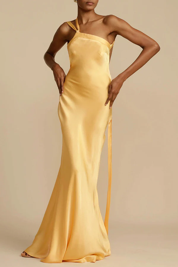 Zippered Single Shoulder Satin Maxi Dresses - Image 2