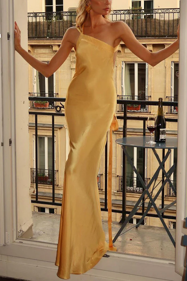 Zippered Single Shoulder Satin Maxi Dresses - Image 3