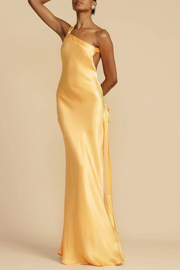 Zippered Single Shoulder Satin Maxi Dresses - Image 4