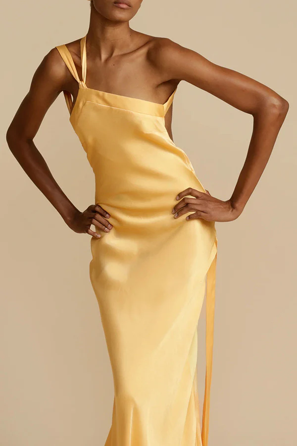 Zippered Single Shoulder Satin Maxi Dresses - Image 5