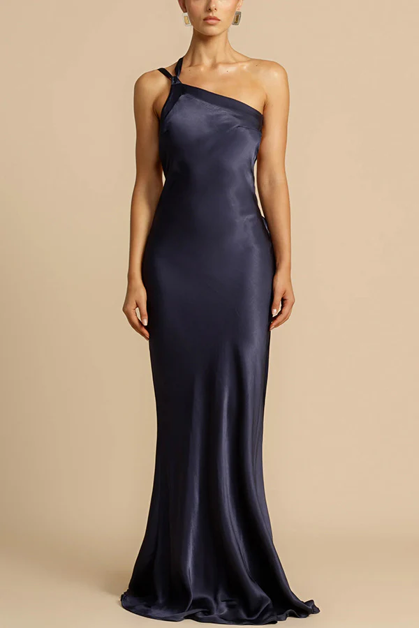 Zippered Single Shoulder Satin Maxi Dresses - Image 6