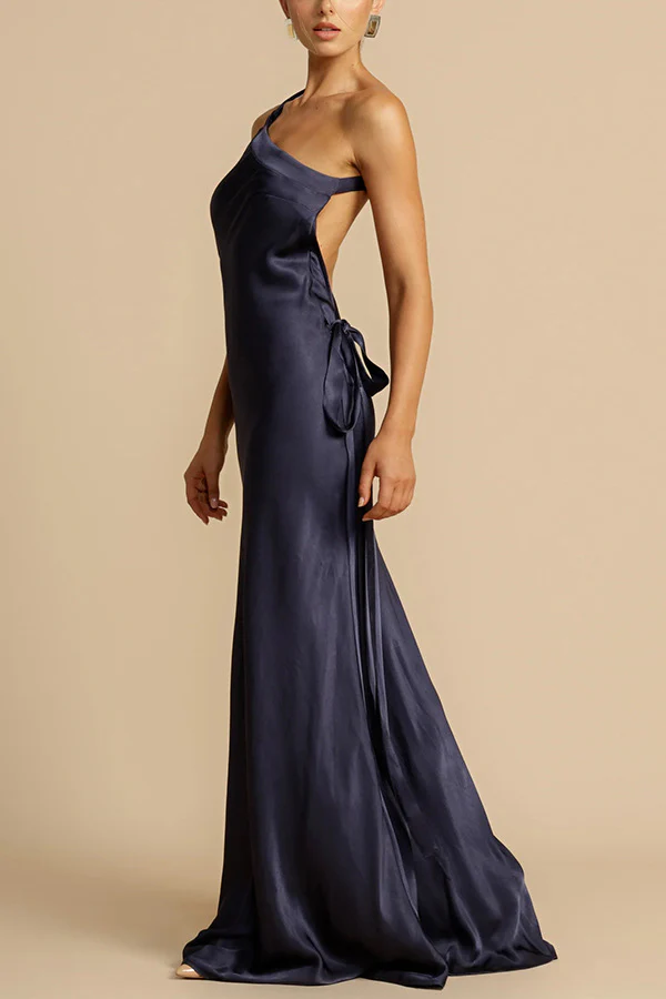Zippered Single Shoulder Satin Maxi Dresses - Image 7