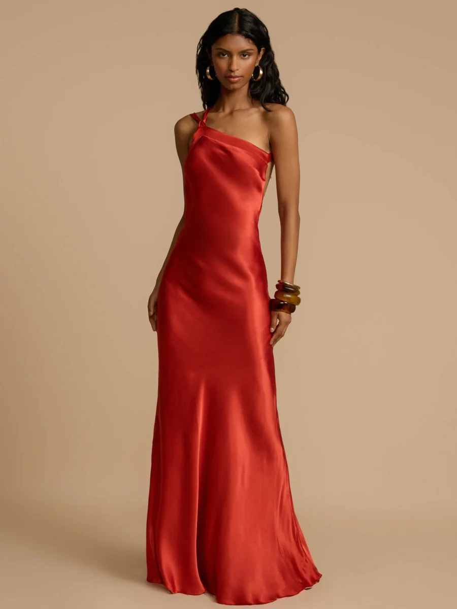 Zippered Single Shoulder Satin Maxi Dresses - Image 9