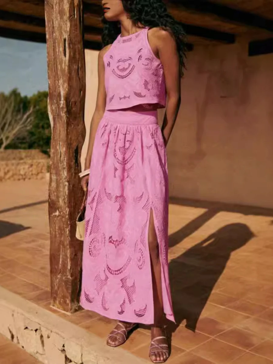 Pink Floral Cutout Sleeveless Top And A-line Skirt Two-piece Set - Image 2