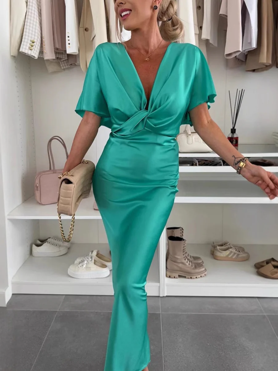 Liber Spring Women's Twisting Chest Solid Color Satin Long Dress - Image 12