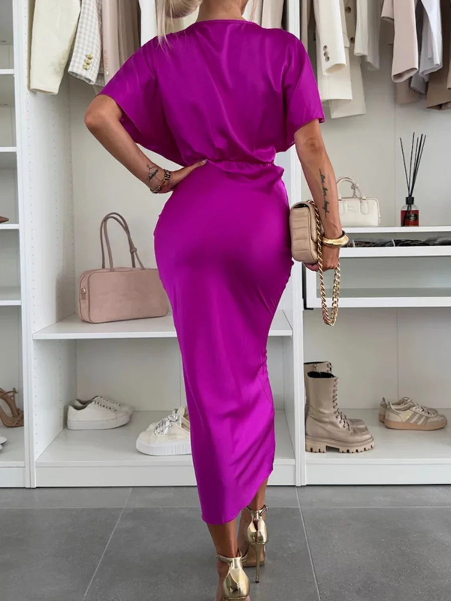 Liber Spring Women's Twisting Chest Solid Color Satin Long Dress - Image 2