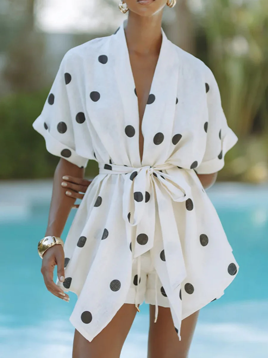 Polka Dot Batwing Sleeve Shirt And Shorts Two-piece Set - Image 3
