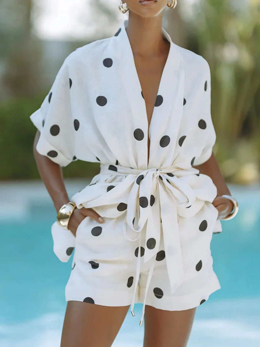 Polka Dot Batwing Sleeve Shirt And Shorts Two-piece Set - Image 4