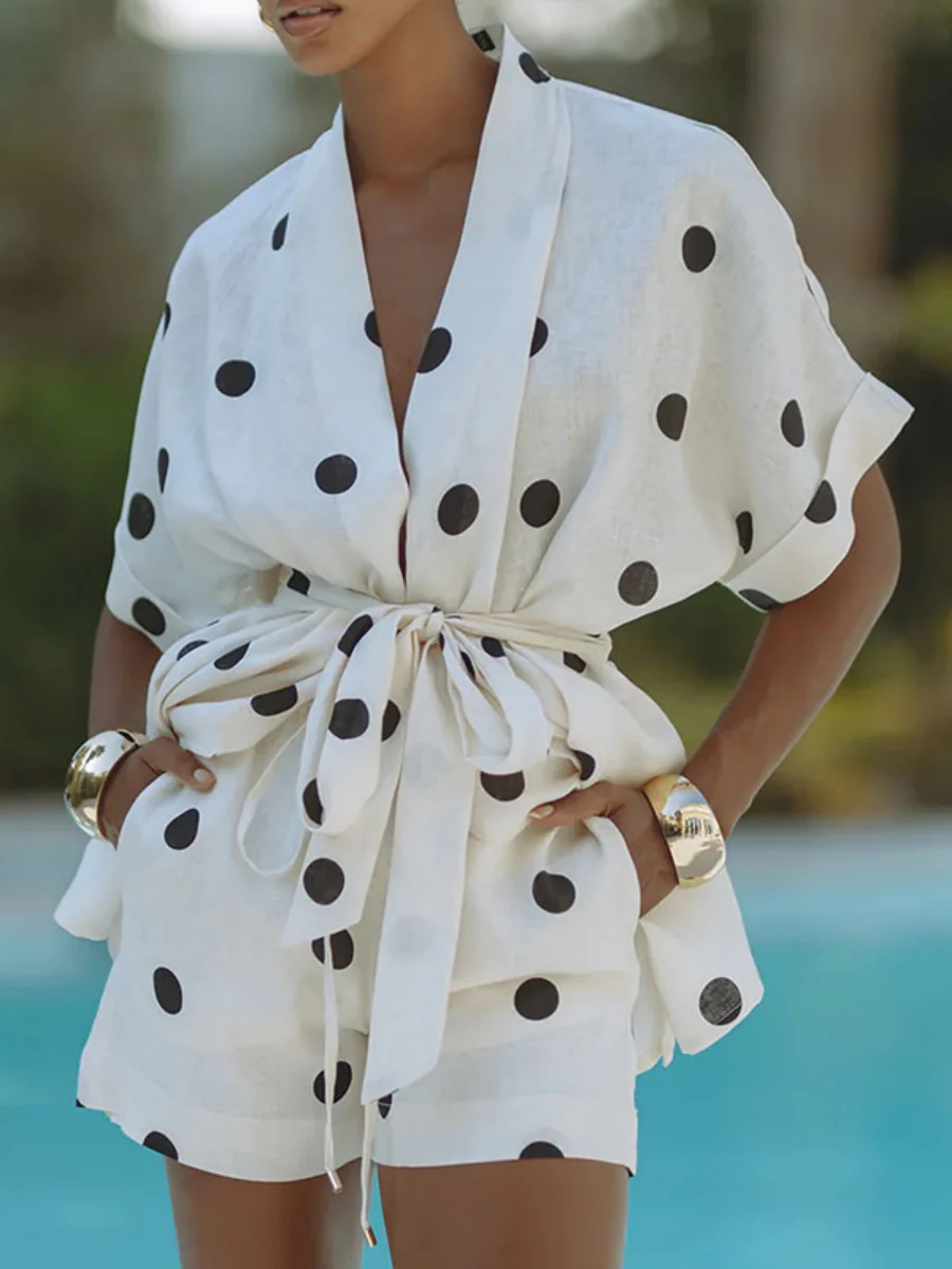 Polka Dot Batwing Sleeve Shirt And Shorts Two-piece Set - Image 6