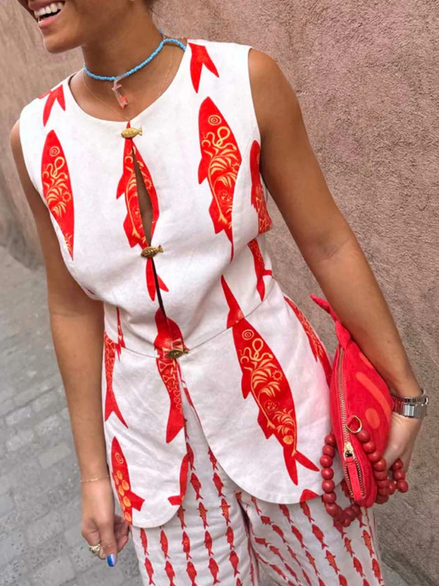 Buttons Fish-print Vest And Trousers Two-piece Set - Image 10