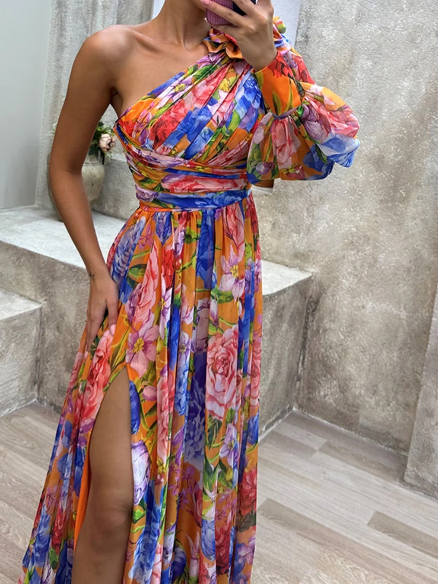 Floral Print Mesh Off-shoulder Maxi Dresses - Image 11