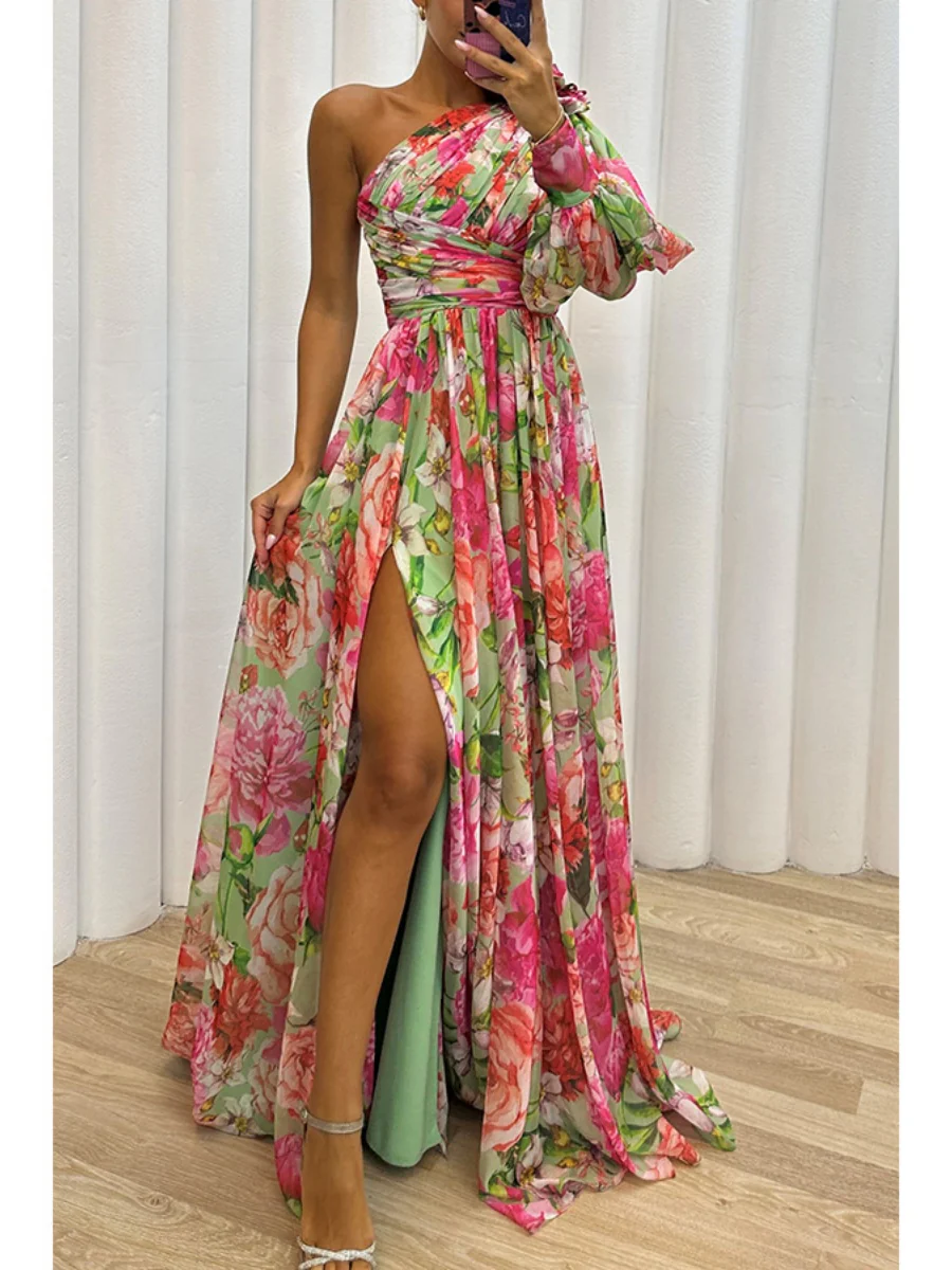 Floral Print Mesh Off-shoulder Maxi Dresses - Image 12
