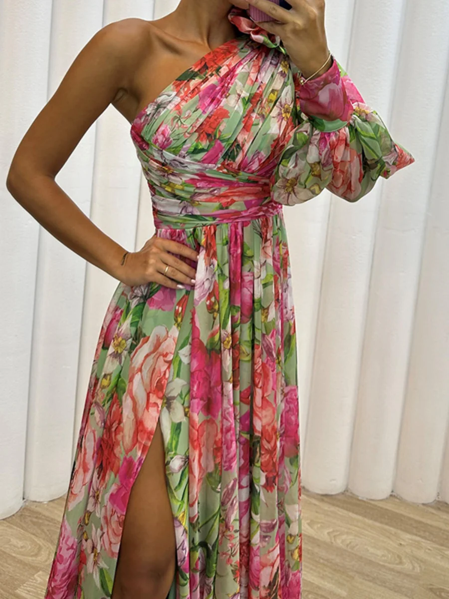 Floral Print Mesh Off-shoulder Maxi Dresses - Image 14