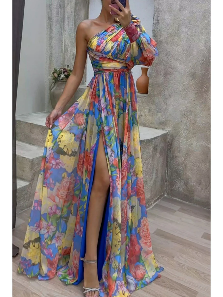 Floral Print Mesh Off-shoulder Maxi Dresses - Image 16