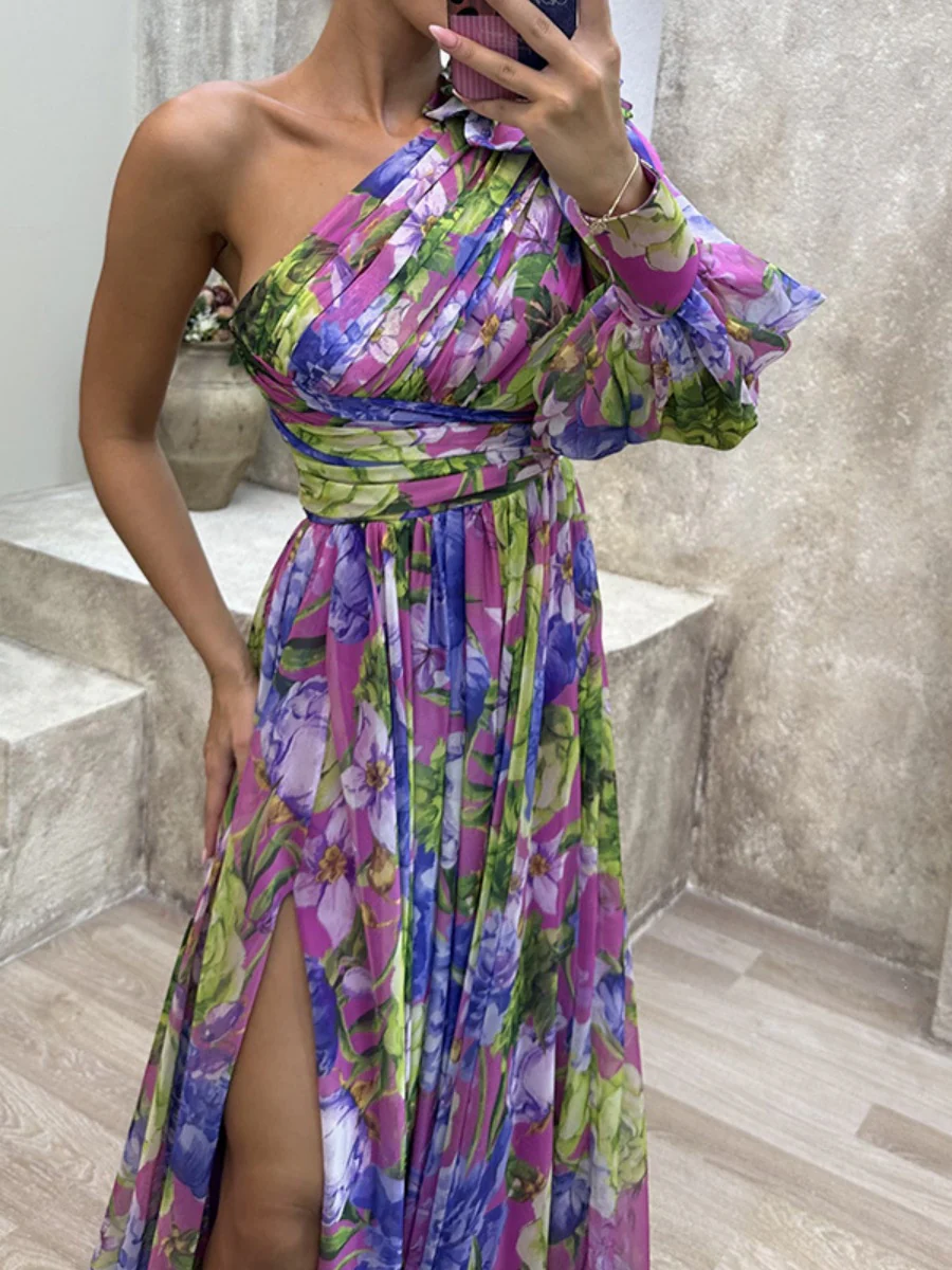 Floral Print Mesh Off-shoulder Maxi Dresses - Image 2