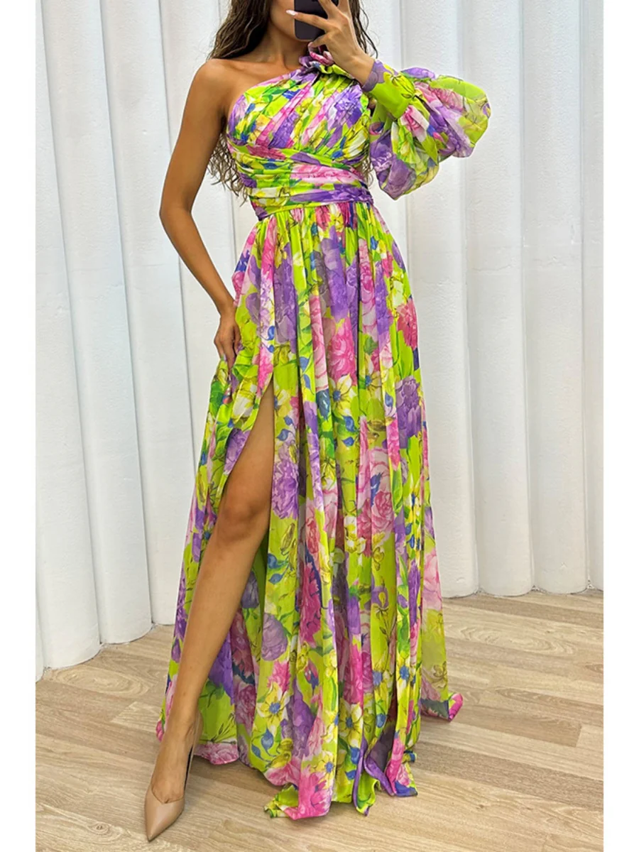 Floral Print Mesh Off-shoulder Maxi Dresses - Image 5