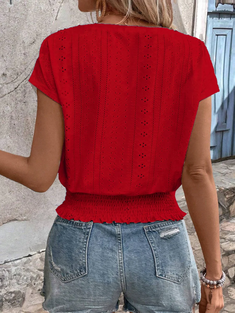 Round Neck Jacquard Hollowed-out Ruffled Short-sleeved T-shirt - Image 12