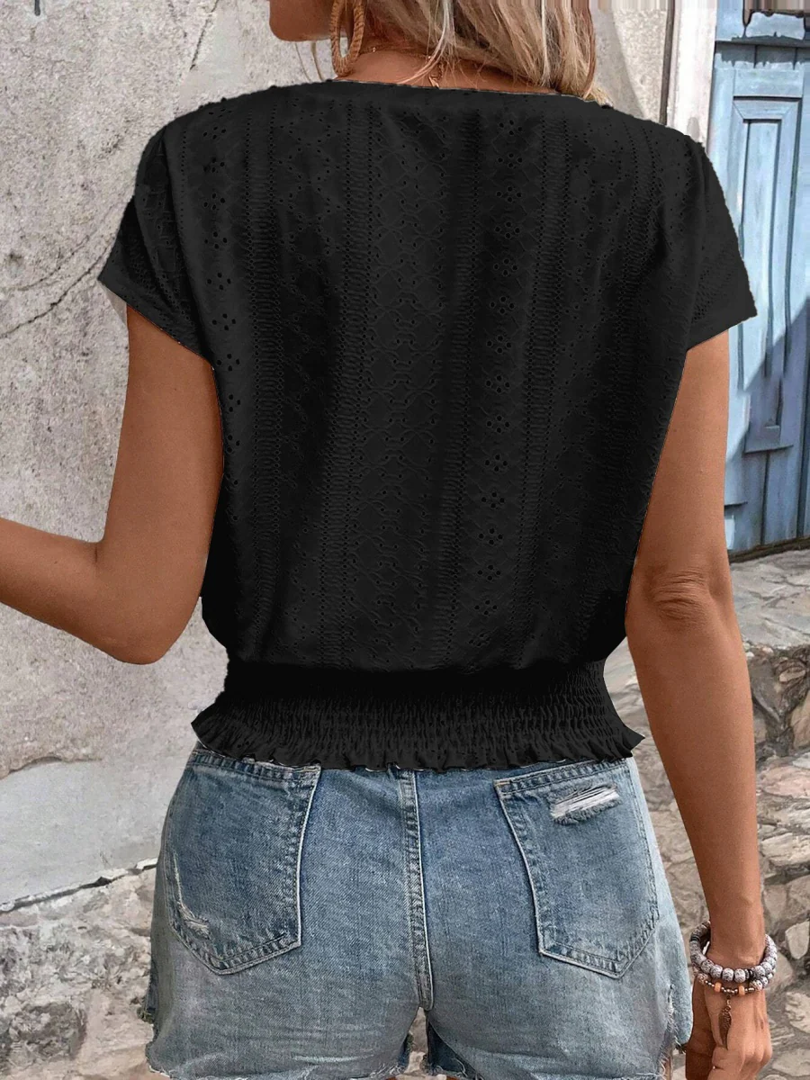 Round Neck Jacquard Hollowed-out Ruffled Short-sleeved T-shirt - Image 16