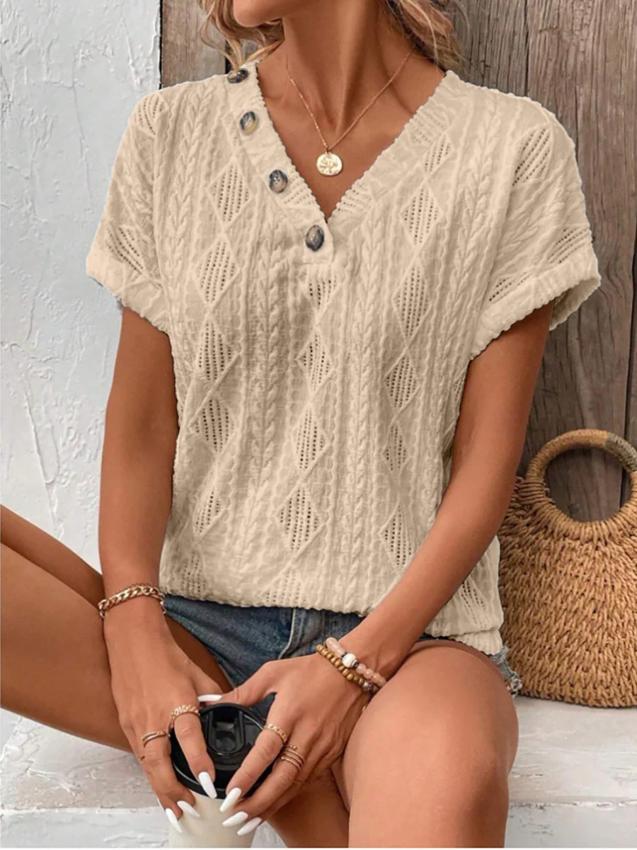 V-neck Button-down Loose Short-sleeved T-shirt - Image 15