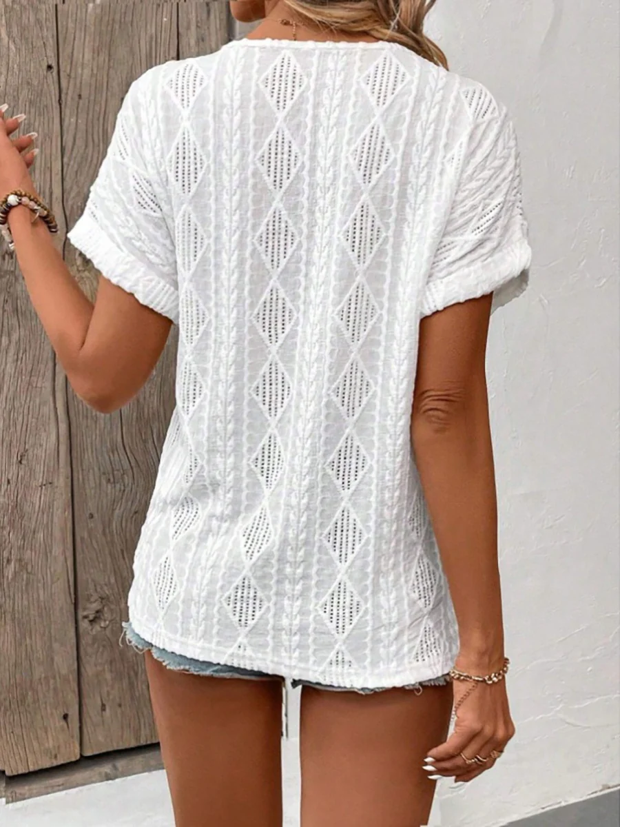 V-neck Button-down Loose Short-sleeved T-shirt - Image 2