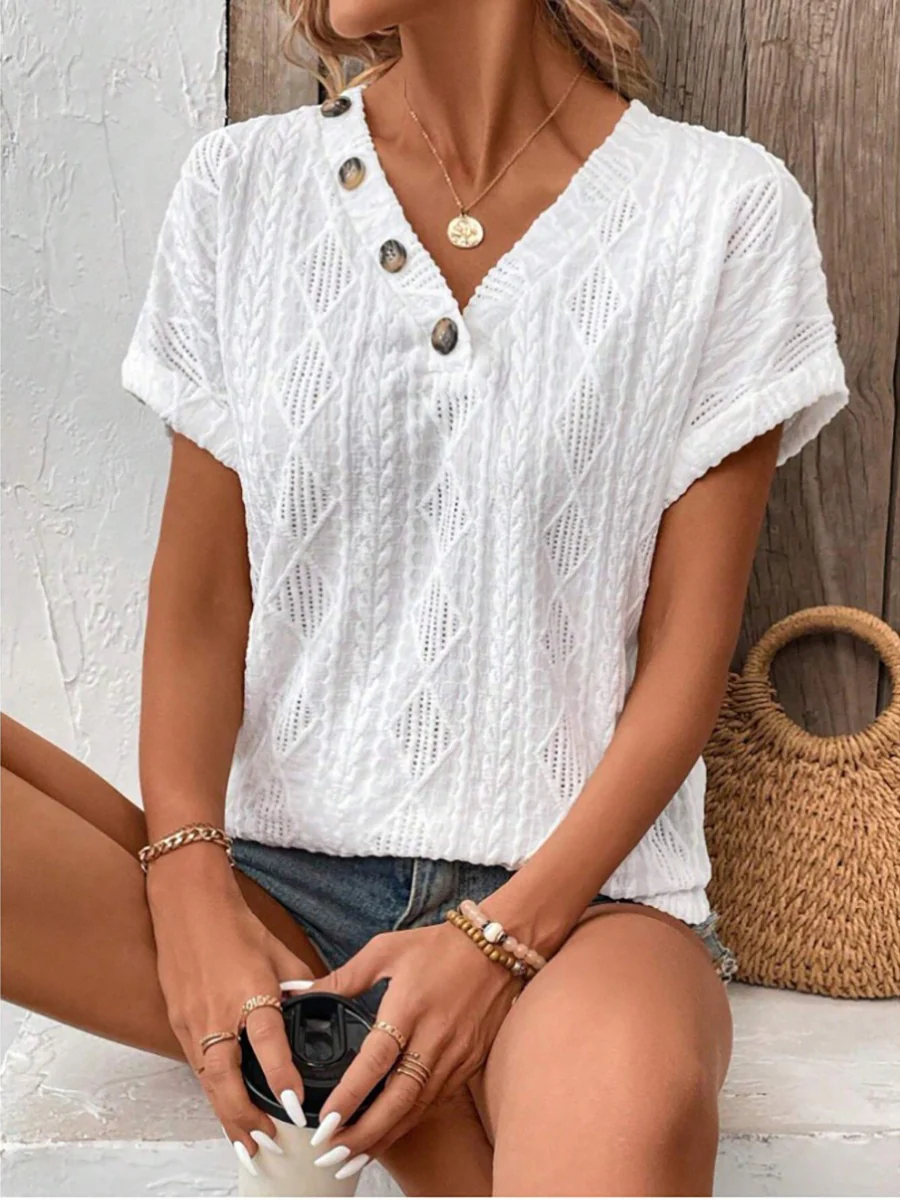 V-neck Button-down Loose Short-sleeved T-shirt - Image 4