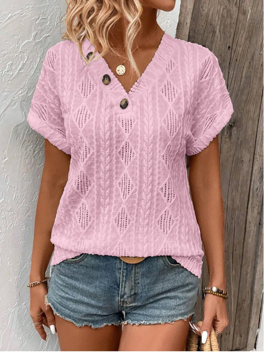 V-neck Button-down Loose Short-sleeved T-shirt - Image 6