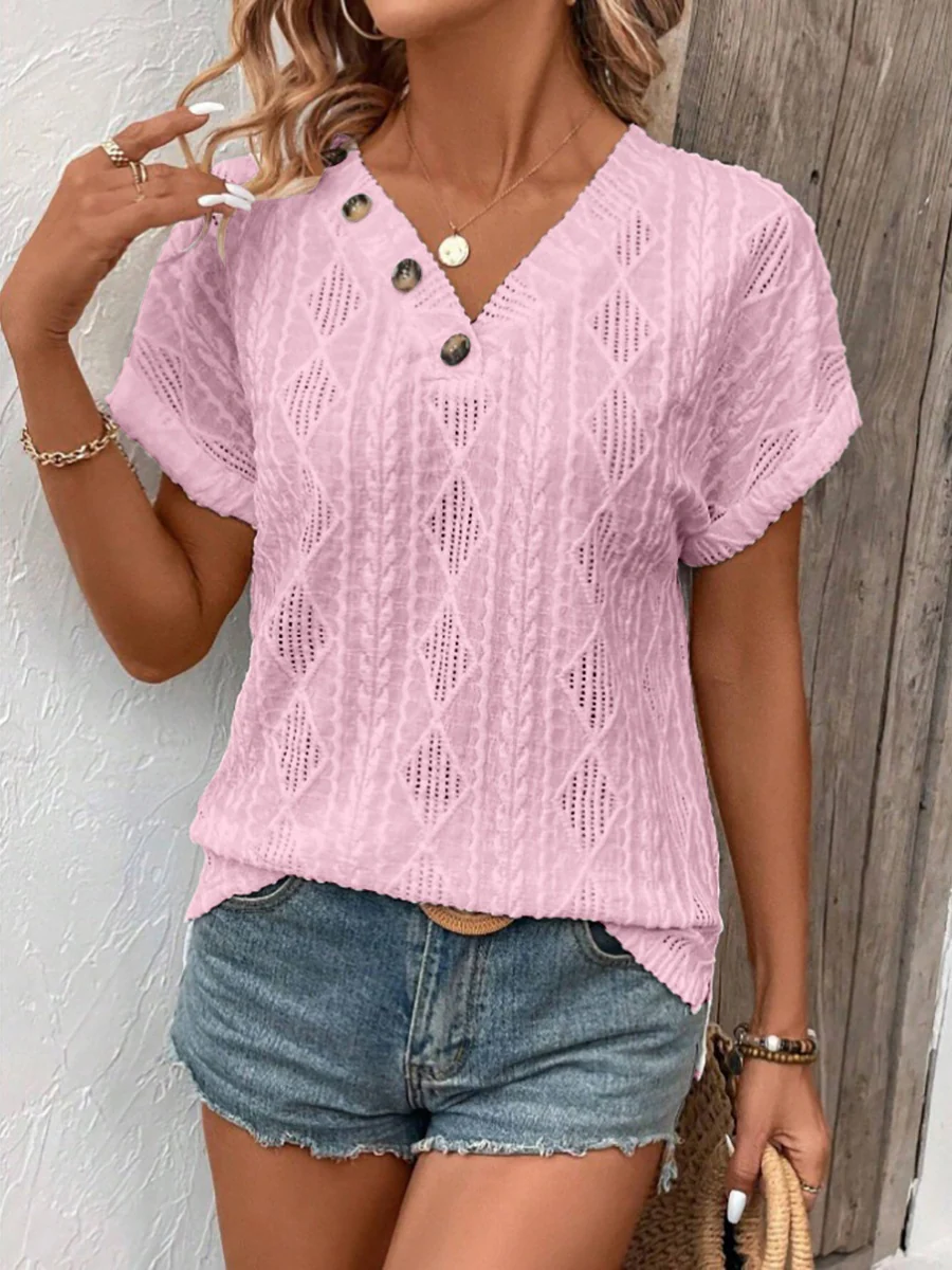 V-neck Button-down Loose Short-sleeved T-shirt - Image 7
