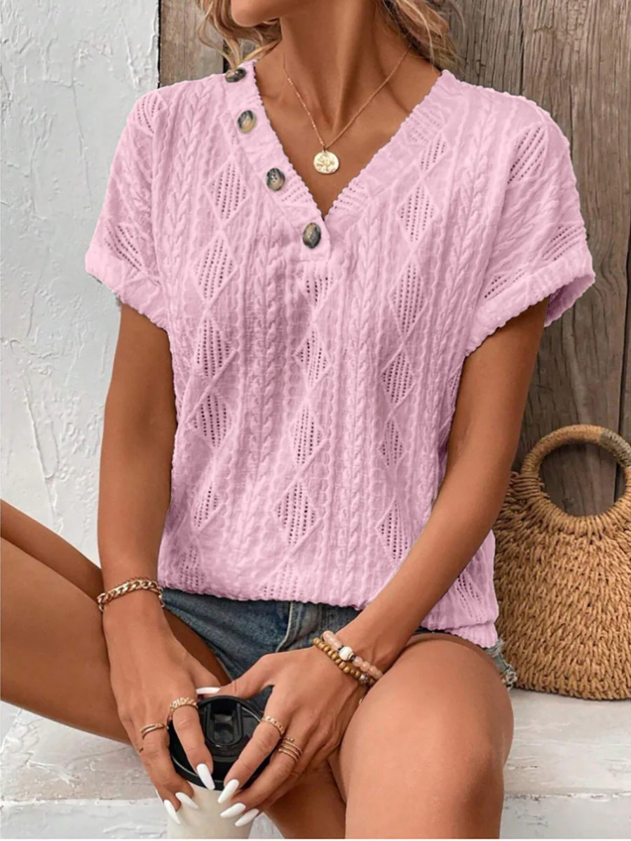 V-neck Button-down Loose Short-sleeved T-shirt - Image 8