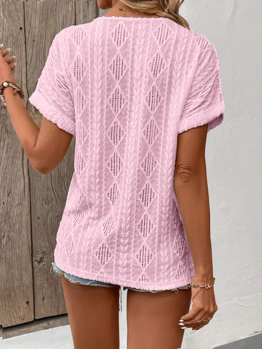 V-neck Button-down Loose Short-sleeved T-shirt - Image 9